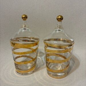 Pair of Clear Mid Century Vintage Apothecary Jars with Gold Spiral Bands